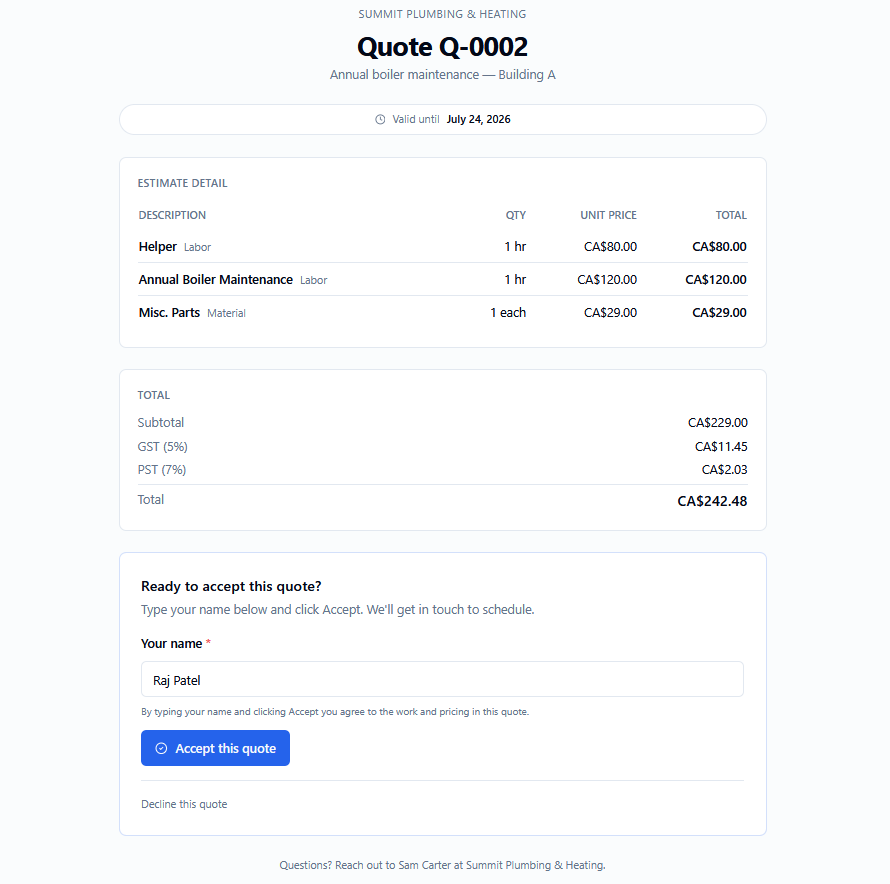 Customer portal in Crewato